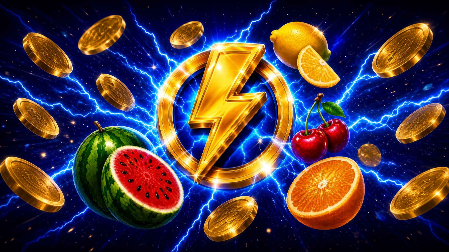A gold lightning bolt, coins, and fruit against an electric blue background